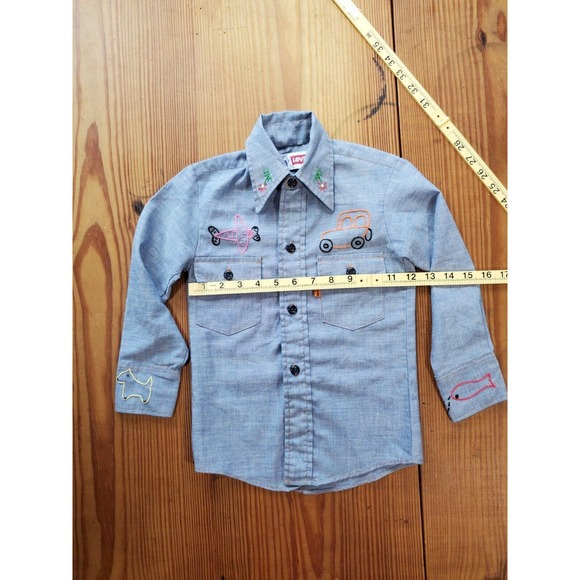 1970s Levis Orange Tab Shirt Boy's 5 Chambray Embroidered Vintage Plane Animals - Picture 6 of 10